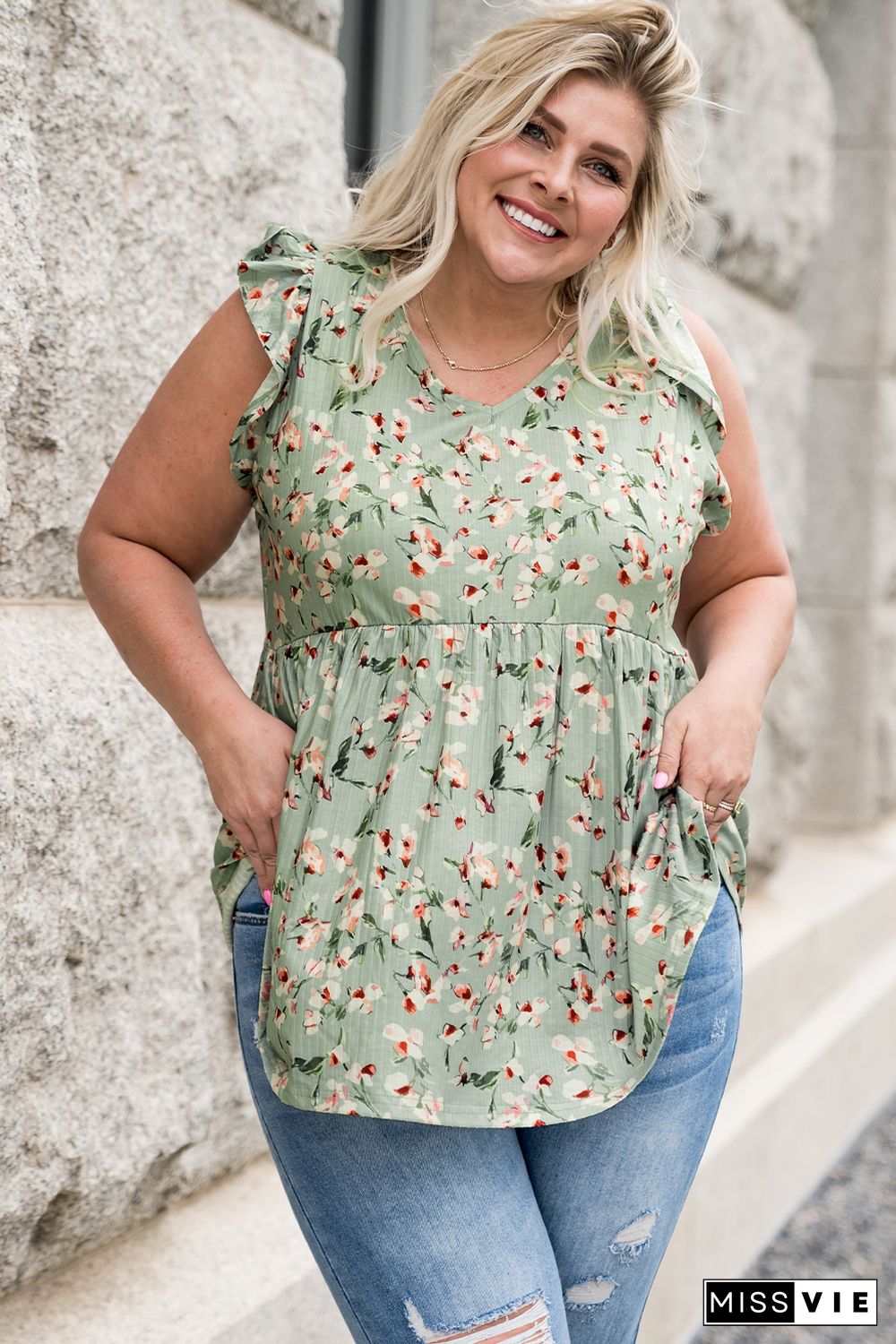 Green Floral Flutter Shoulder Plus Size Tank Top