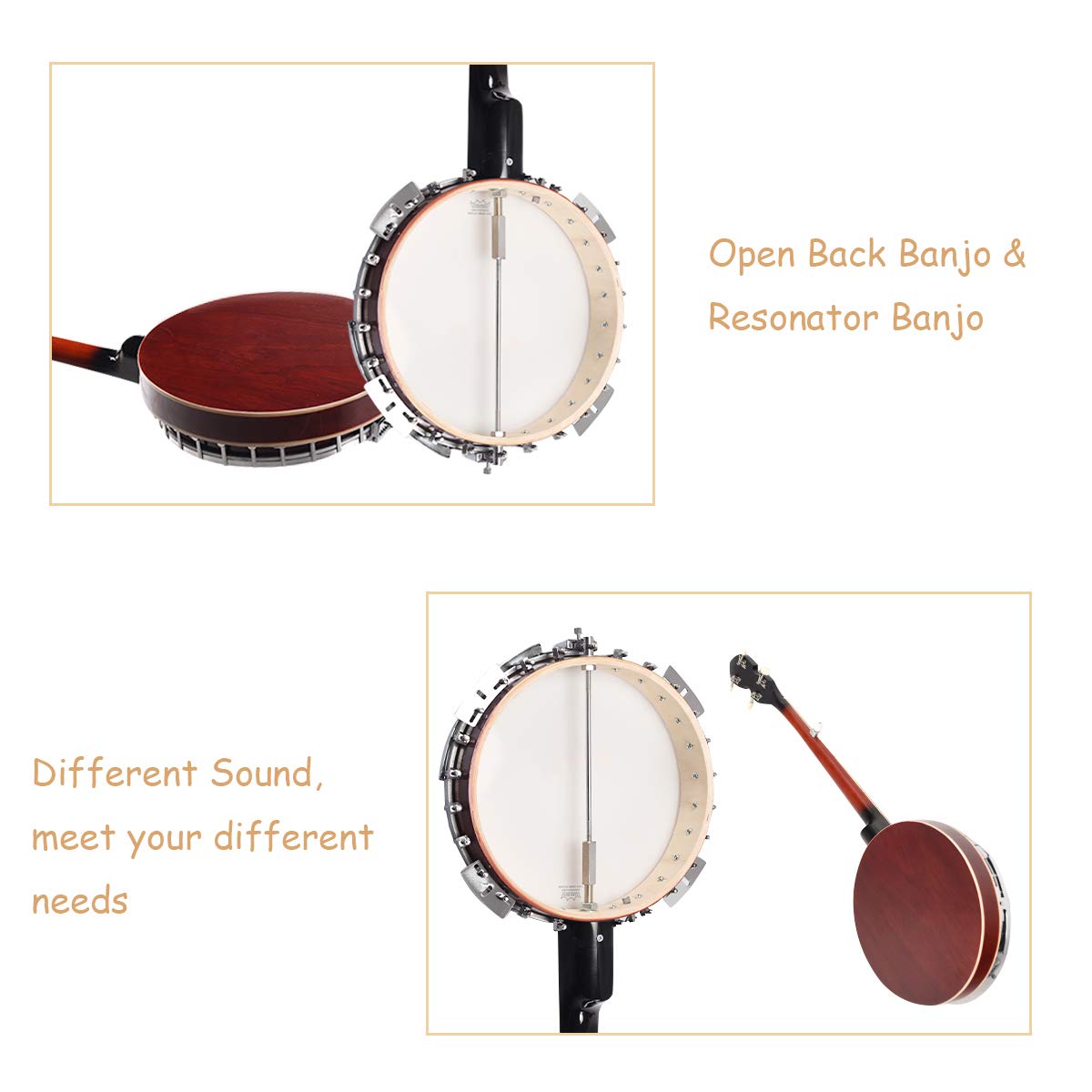 5-String Banjo 24 Bracket with Geared 5th tuner and Mid-range Closed Handle, Include 420D Oxford Cloth Bag, One Strap, Wiper, 3 Picks for Beginners