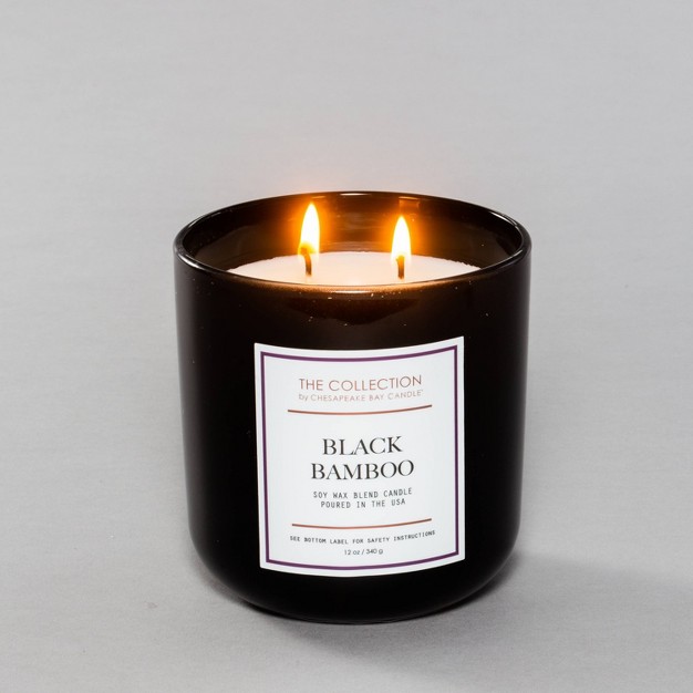 2 wick Black Glass Black Bamboo Lidded Jar Candle 12oz The Collection By Chesapeake Bay Candle