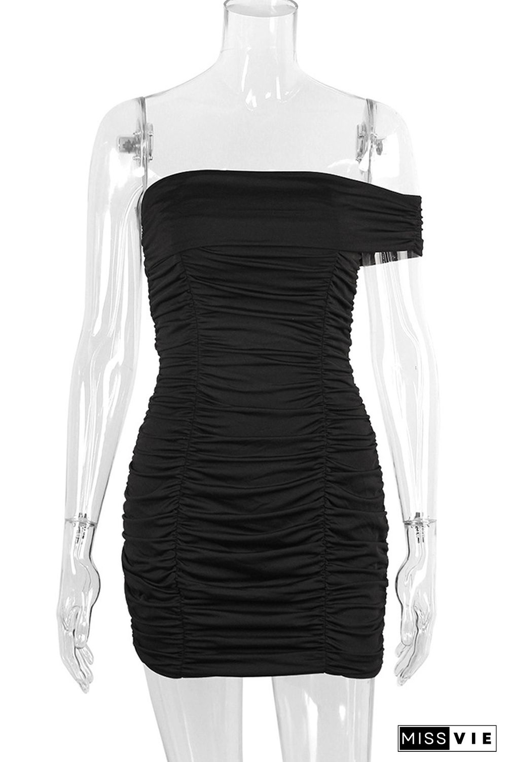 Black Off Shoulder Ruched Bodycon Dress