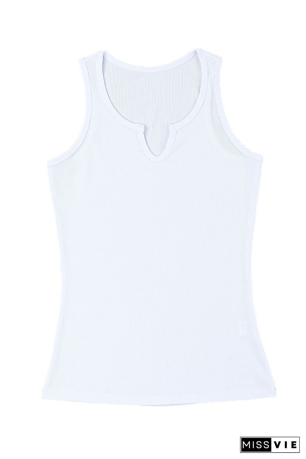 White Split Neck Ribbed Knit Tank Top