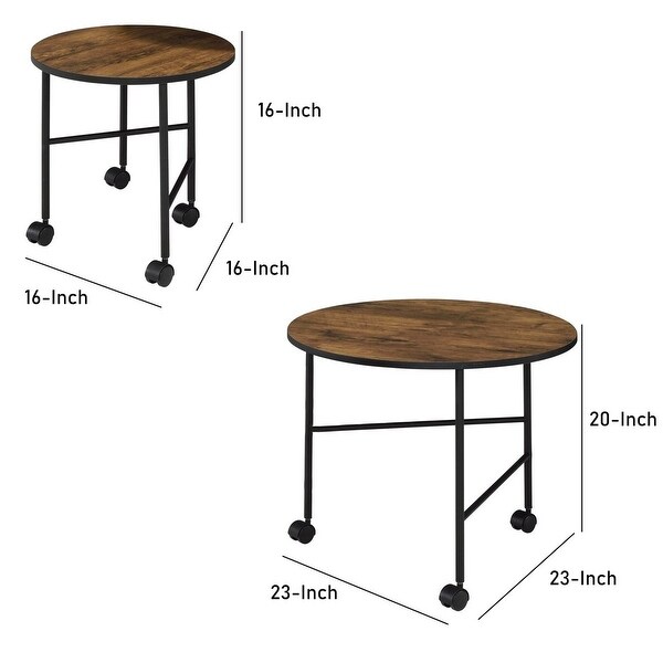 2 Piece Round Nesting End Table with Casters， Oak Brown and Black - 20 H x 23 W x 23 L Inches