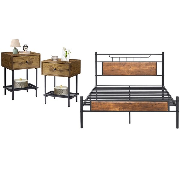 Industrial 3-Pieces Bedroom Set Platform Bed Frame and Nightstands Set of 2 - - 36913922