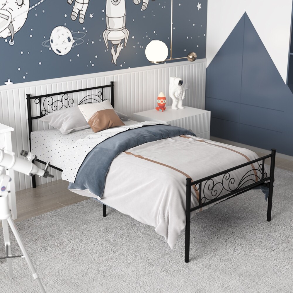 Twin Size Metal Platform Bed Frame with Wave Headboard   Footboard for Bedroom Furniture for Kids Adult