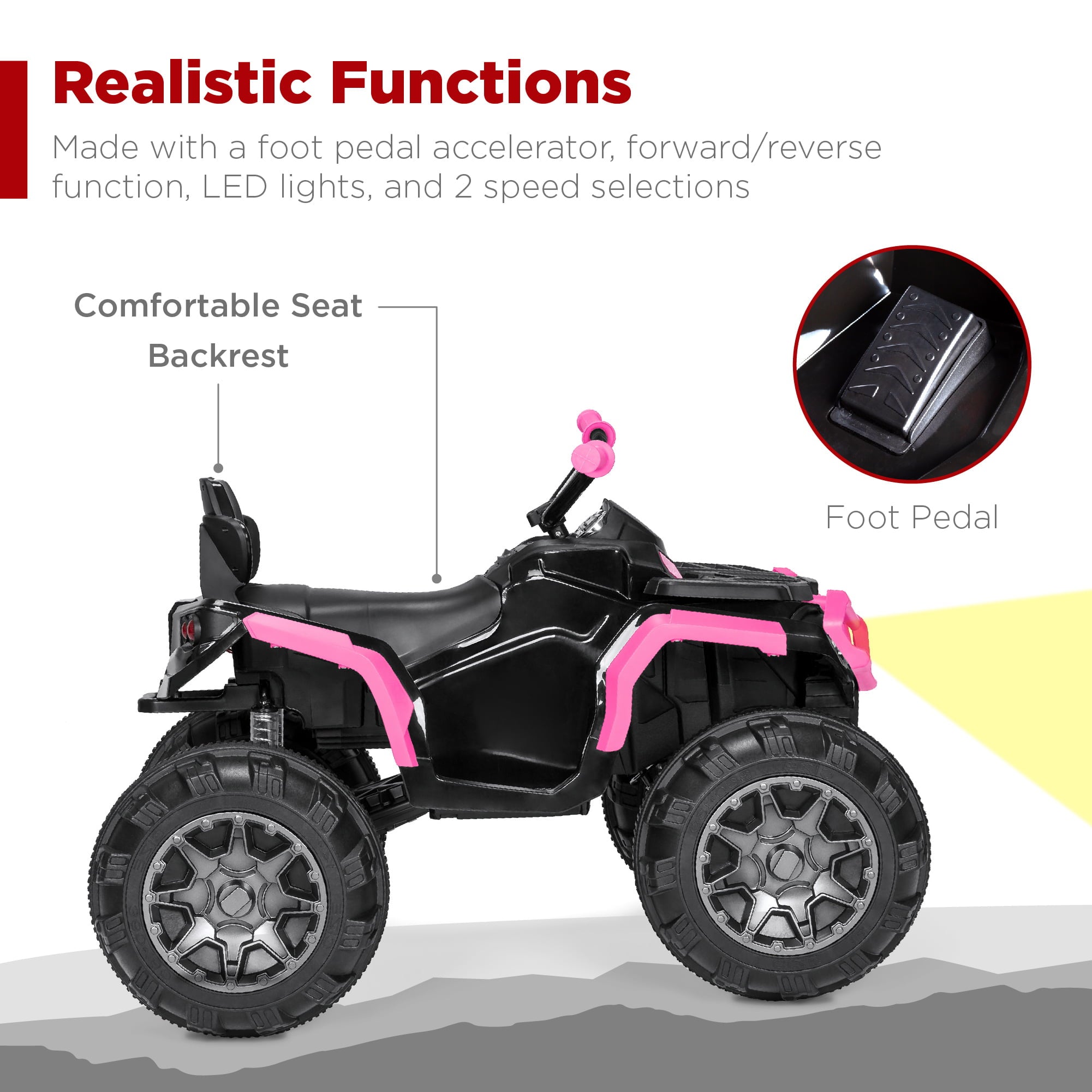 Best Choice Products 12V Kids Ride-On ATV Quad w/ Bluetooth, 3.7mph Max, Treaded Tires, LED Lights, Radio - Pink