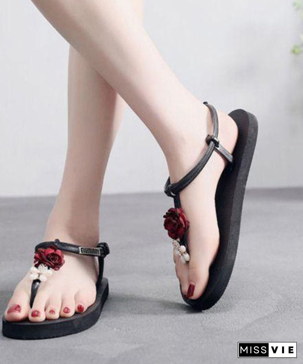 Bohemian Red Splicing Floral Peep Toe Flat Sandals Fitted