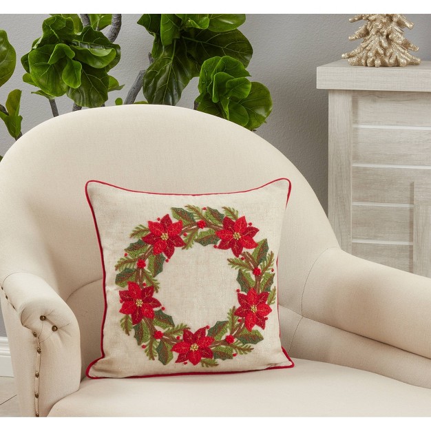 Christmas With Poinsettia Wreath Design Square Throw Pillow Cover