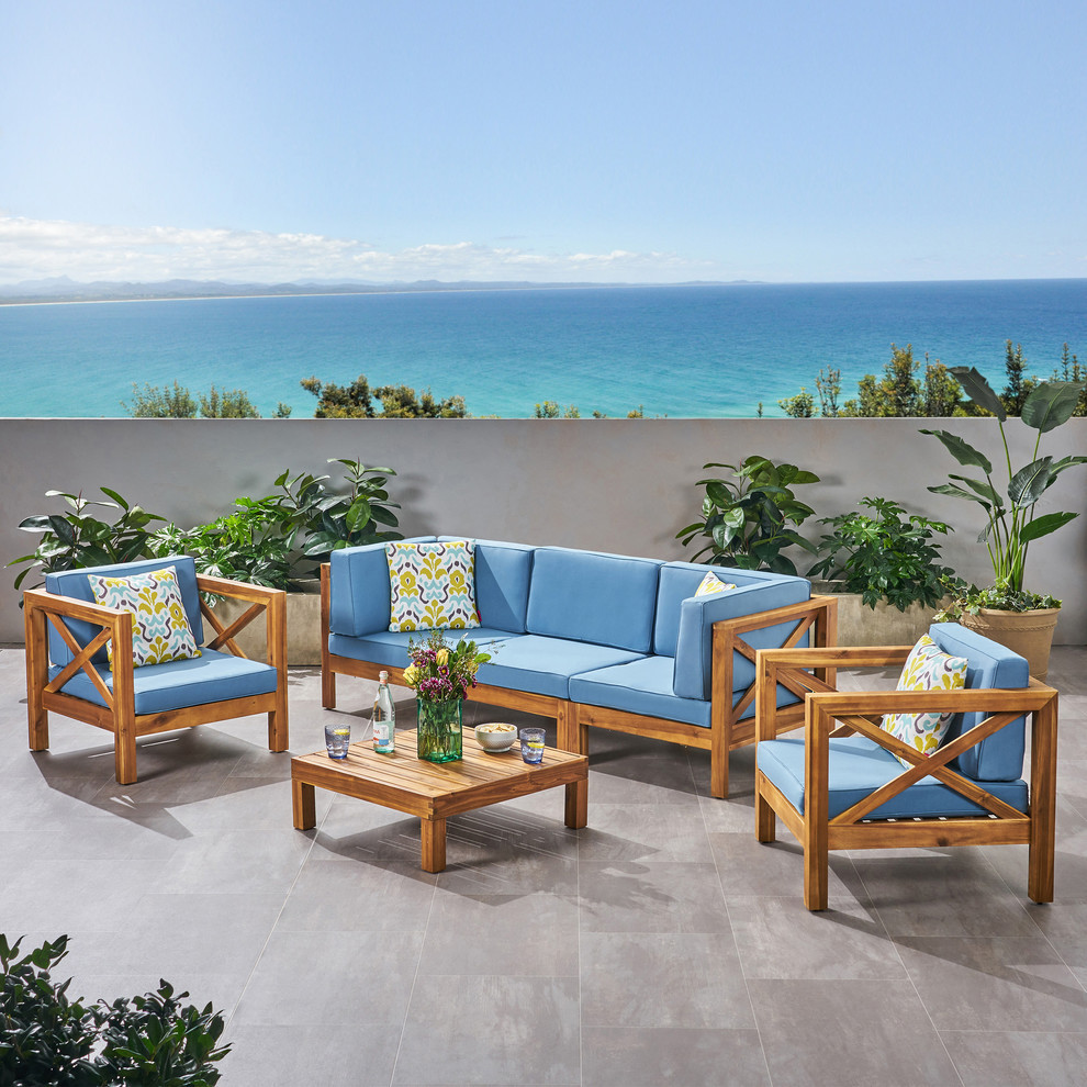 Morgan Outdoor 5 Seater Acacia Wood Sofa Chat Set   Contemporary   Outdoor Lounge Sets   by GDFStudio  Houzz