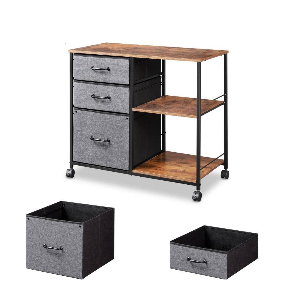 29.5 in. Brown 3-Drawer Mobile File Cabinet with Open Storage Shelf DEV-LQW1-7839