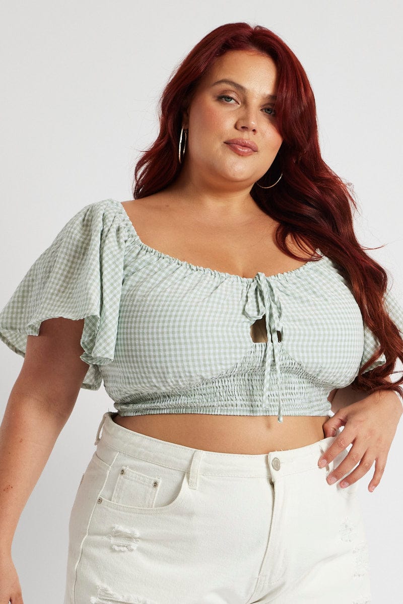Green Check Crop Top Short Sleeve Cut Out