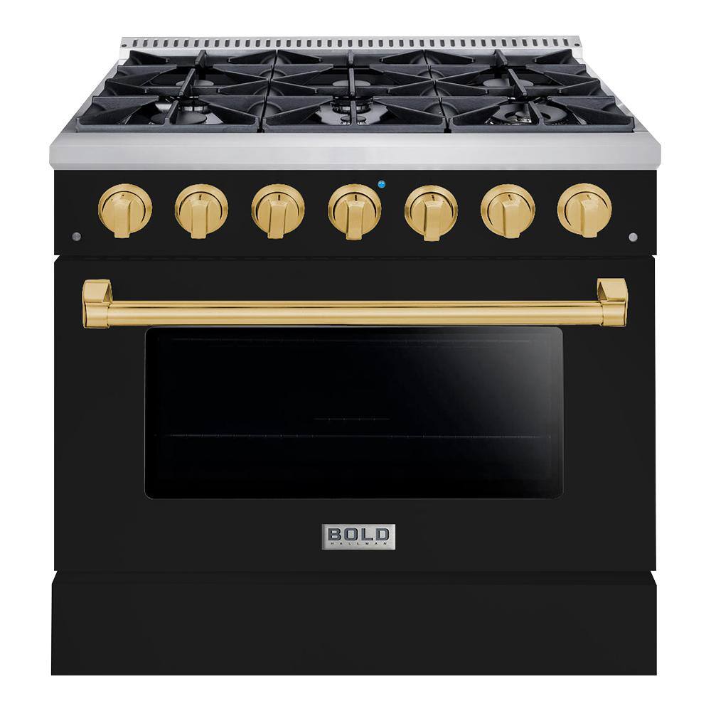 Hallman BOLD 36 in. 5.2 Cu. ft. 6 Burner Freestanding All Gas Range with Gas Stove and Gas Oven Glossy Black with Brass Trim HBRG36BSGB