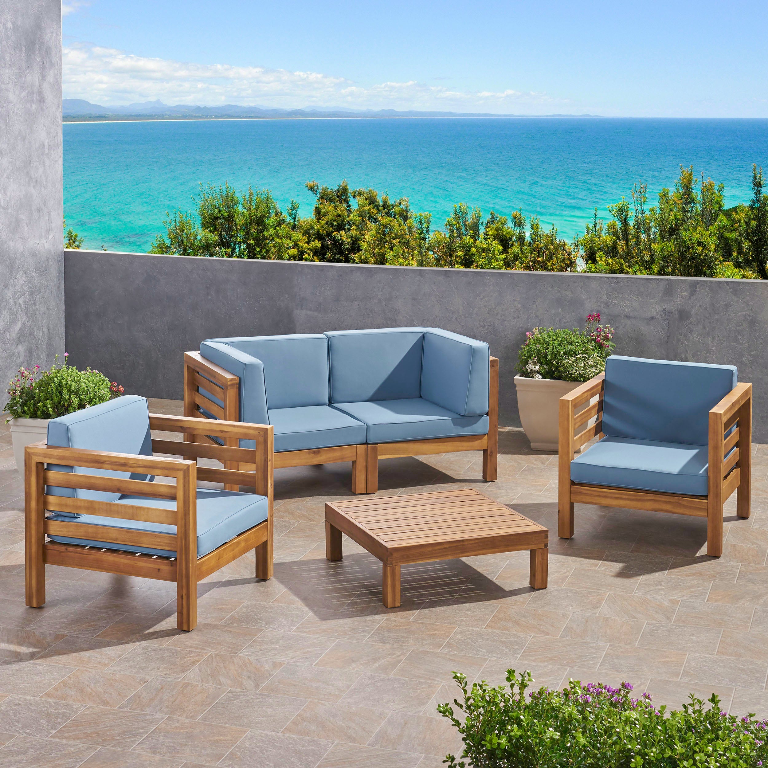 Emma Outdoor 4 Seater Acacia Wood Loveseat Chat Set