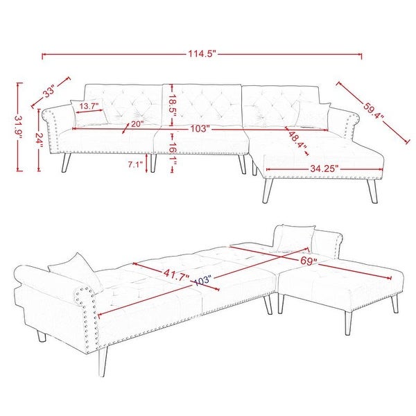 115 Inches Velvet Convertible Sleeper Sofa Bed Sectional Sofa