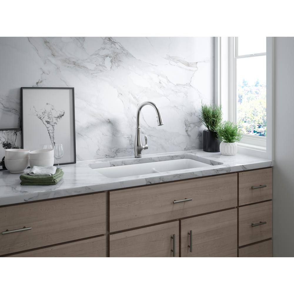 KOHLER Cairn Undermount Neoroc Granite Composite 33.5 in. Double Bowl Kitchen Sink Kit in Matte White K-8204-CM6