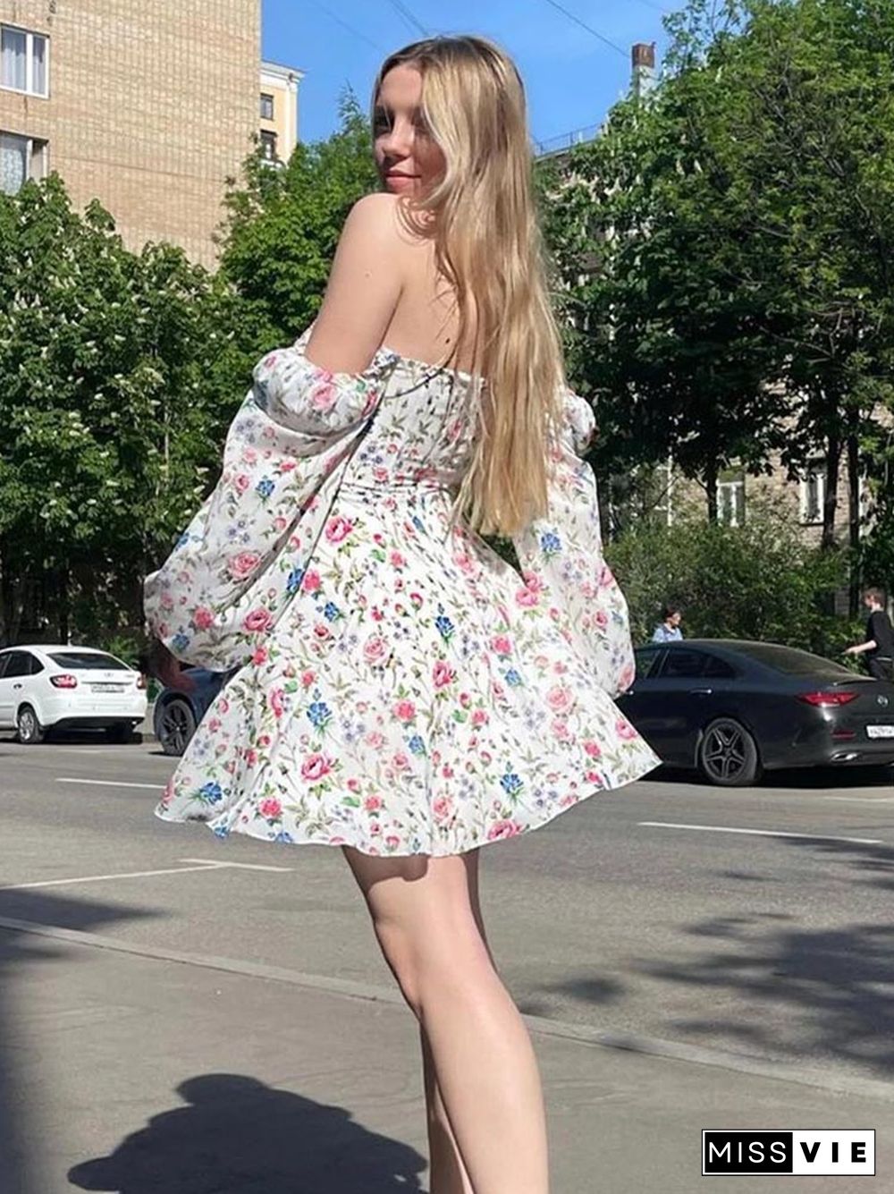 Floral Dress Women Lantern Long Sleeve Ruched Print A Line Square Neck Tie Up Mini Vestidos Sexy Chic Summer Beach Dress