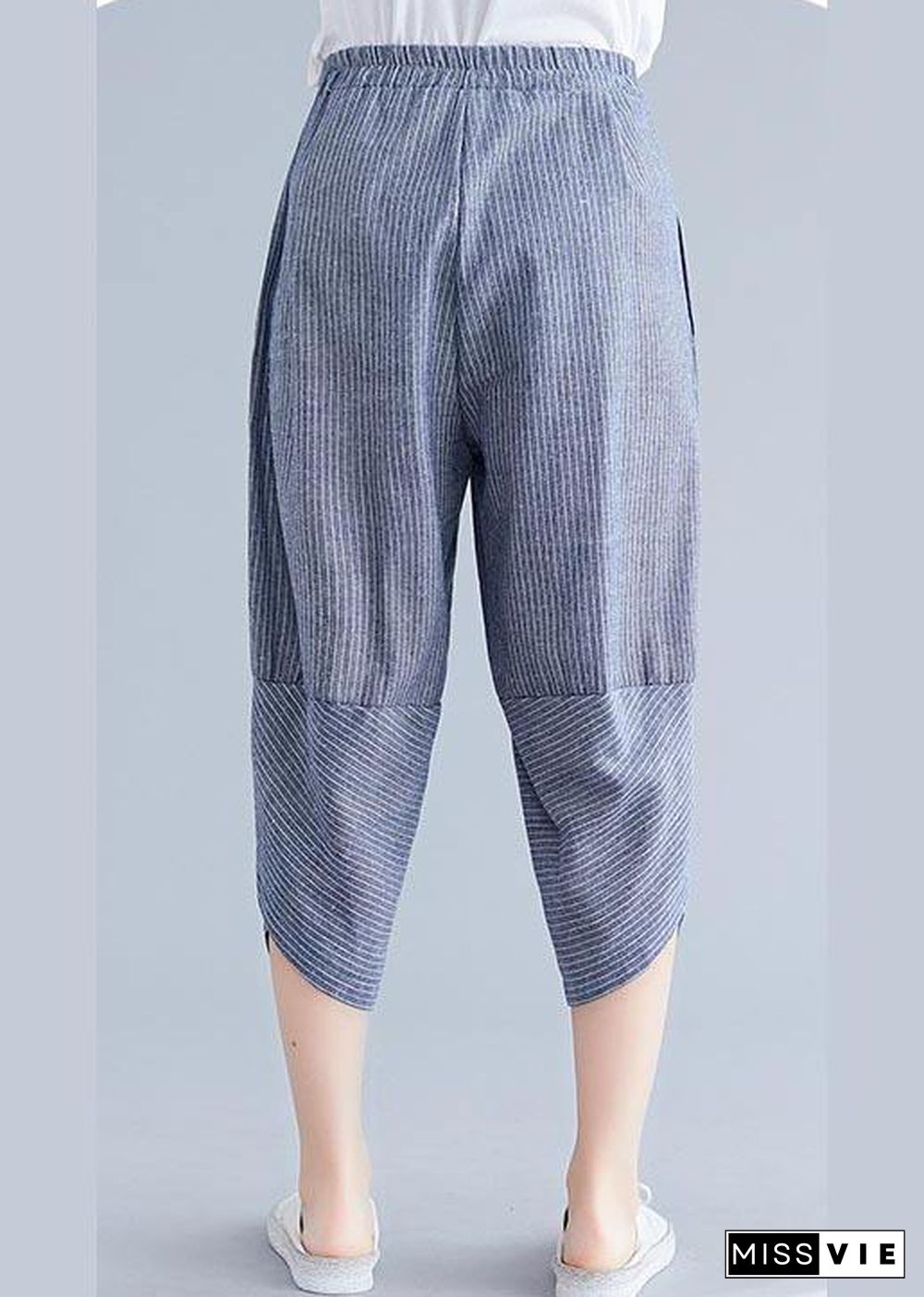 Boutique Navy Striped Patchwork Summer Cotton Linen Pants