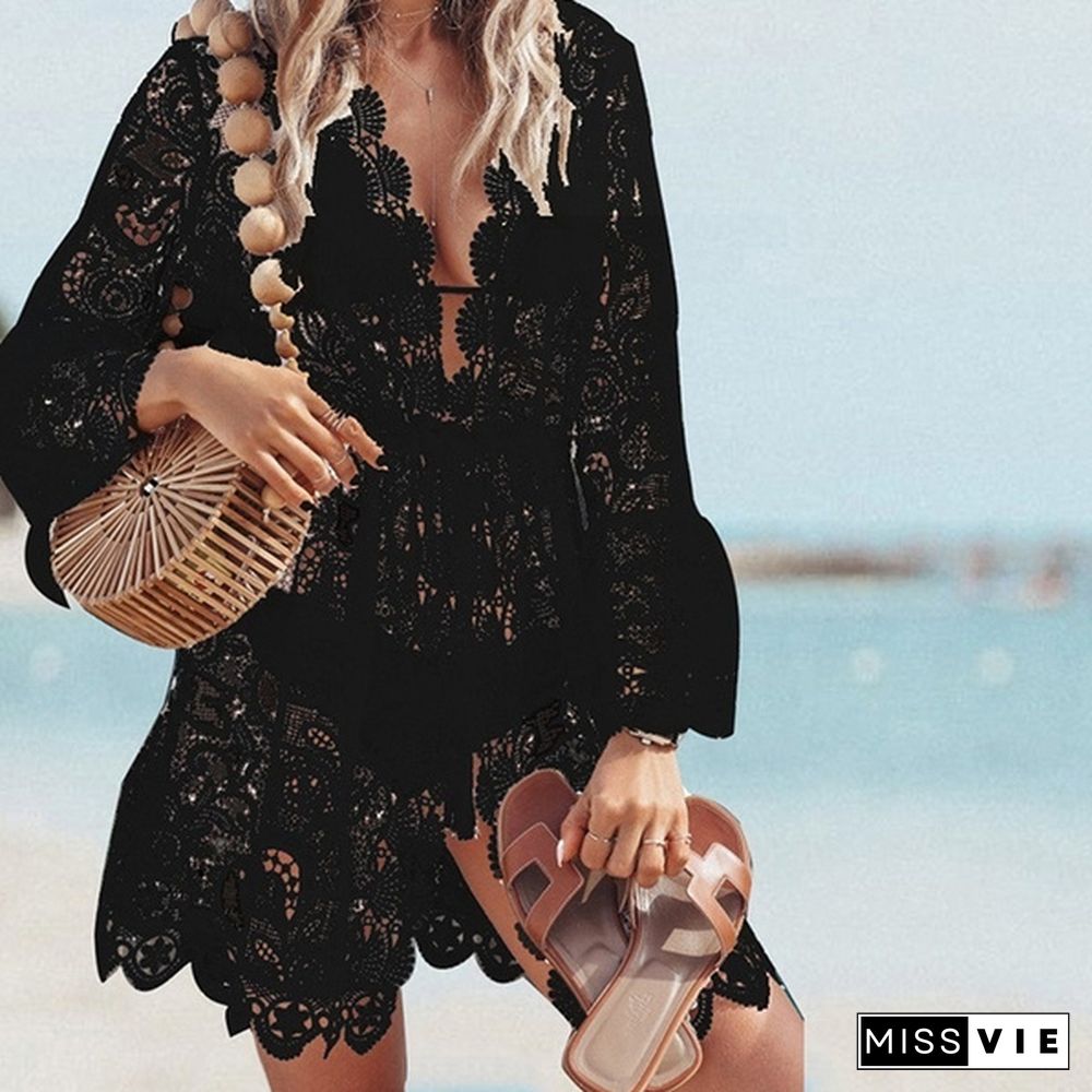 New Women Summer Fashion Hollow Out Beach Coat V-Neck Lace Dresses Bikini Blouse Sun Protection Clothing