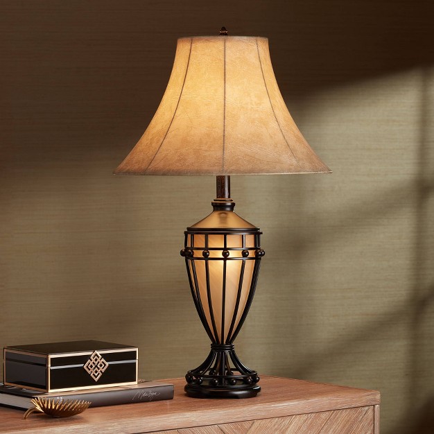 Tall Set Of 2 With Nightlight Brushed Iron Urn Beige Fabric Shade For Living Room Bedroom