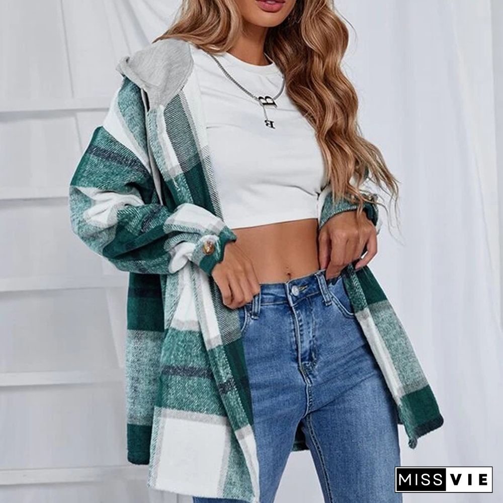 Plaid Jacket Women Overshirt Long Checkered Jackets Female Long Sleeve Winter Hooded Coat Shirt Jacket Harajuku Tops