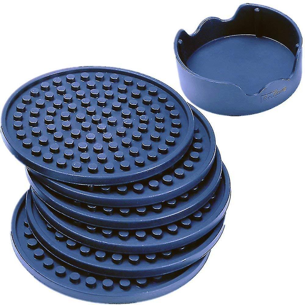 Drink Coasters Silicone Set Of 6 With Holder， Deep Navy - Good Grip， Large Size Deep Condensation Trap - Furniture Friendly Than Thirstystone