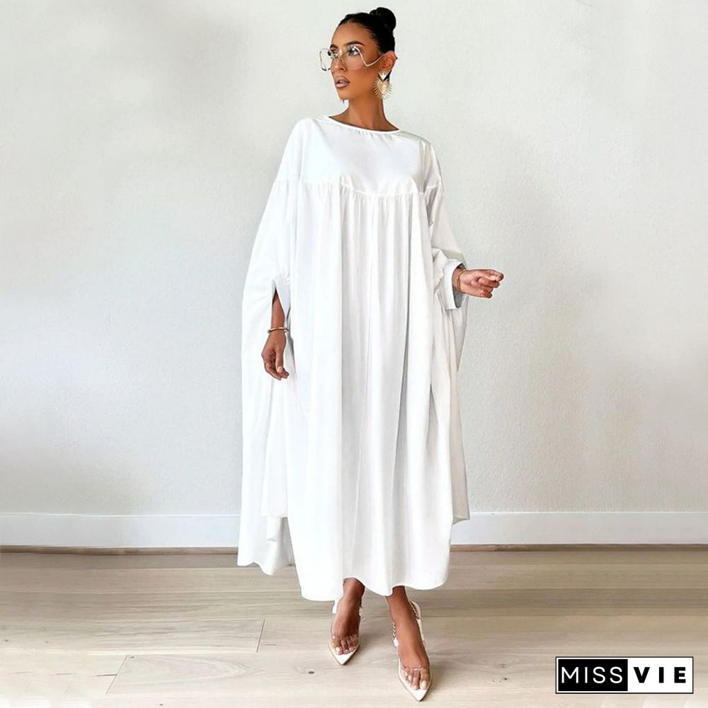 Loose Raglan Sleeves Irregular Pleated White Dresses