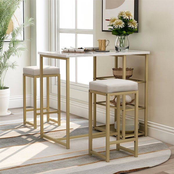 3 piece vintage bar set with natural wood countertops and 2 bar stools /3 storage shelves. (White/Gold)