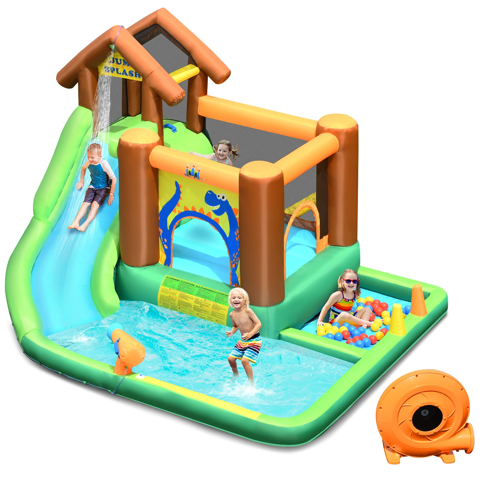 BOUNTECH Inflatable Bounce House | 6 in 1 Water Slide Jumping Park w/Splashing Pool