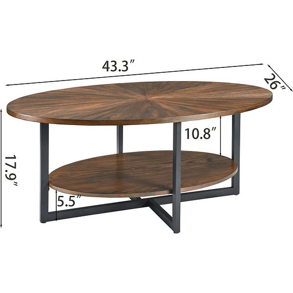 Solid Wood Oval Coffee Table with Cross Metal Legs