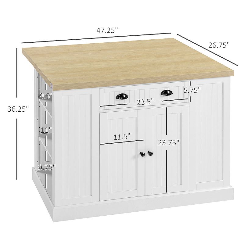 HOMCOM 47 Fluted Style Wooden Kitchen Island Kitchen Countertop Storage Cabinet with Drop Leaf Drawer Open Shelves Storage White