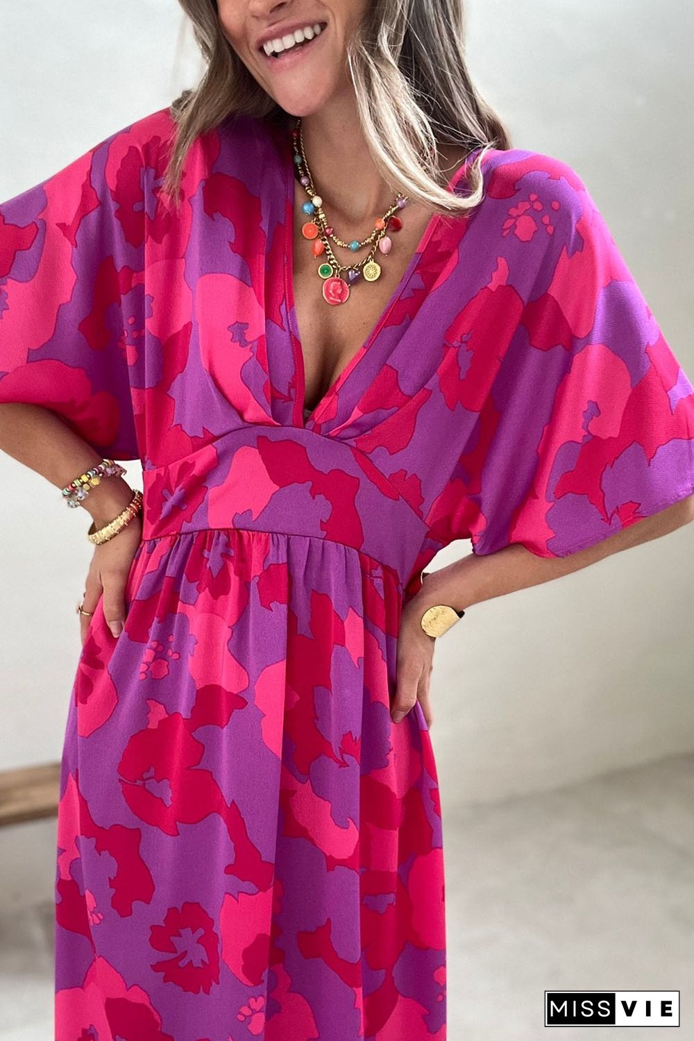 Rose Abstract Floral Print V Neck Dolman Maxi Dress