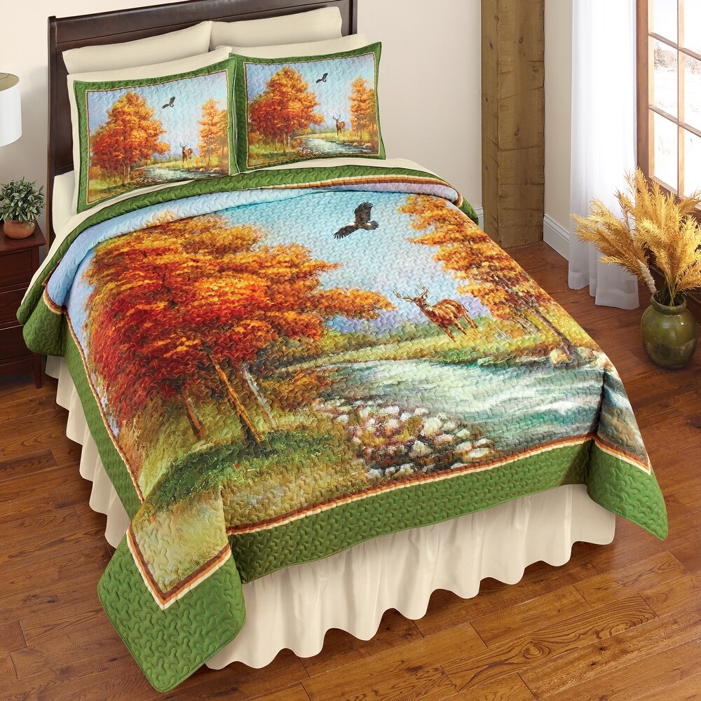 Colorful Autumn Woodland Deer Scene Quilt