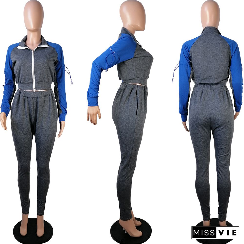 Splicing Long-sleeved Zip-up Jacket Sweatpants Two-piece Set