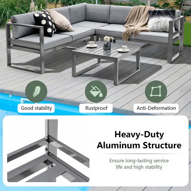 Costway 4pcs Patio Furniture Set Aluminum Frame Loveseat Coffee Table Cushions Deck Grey