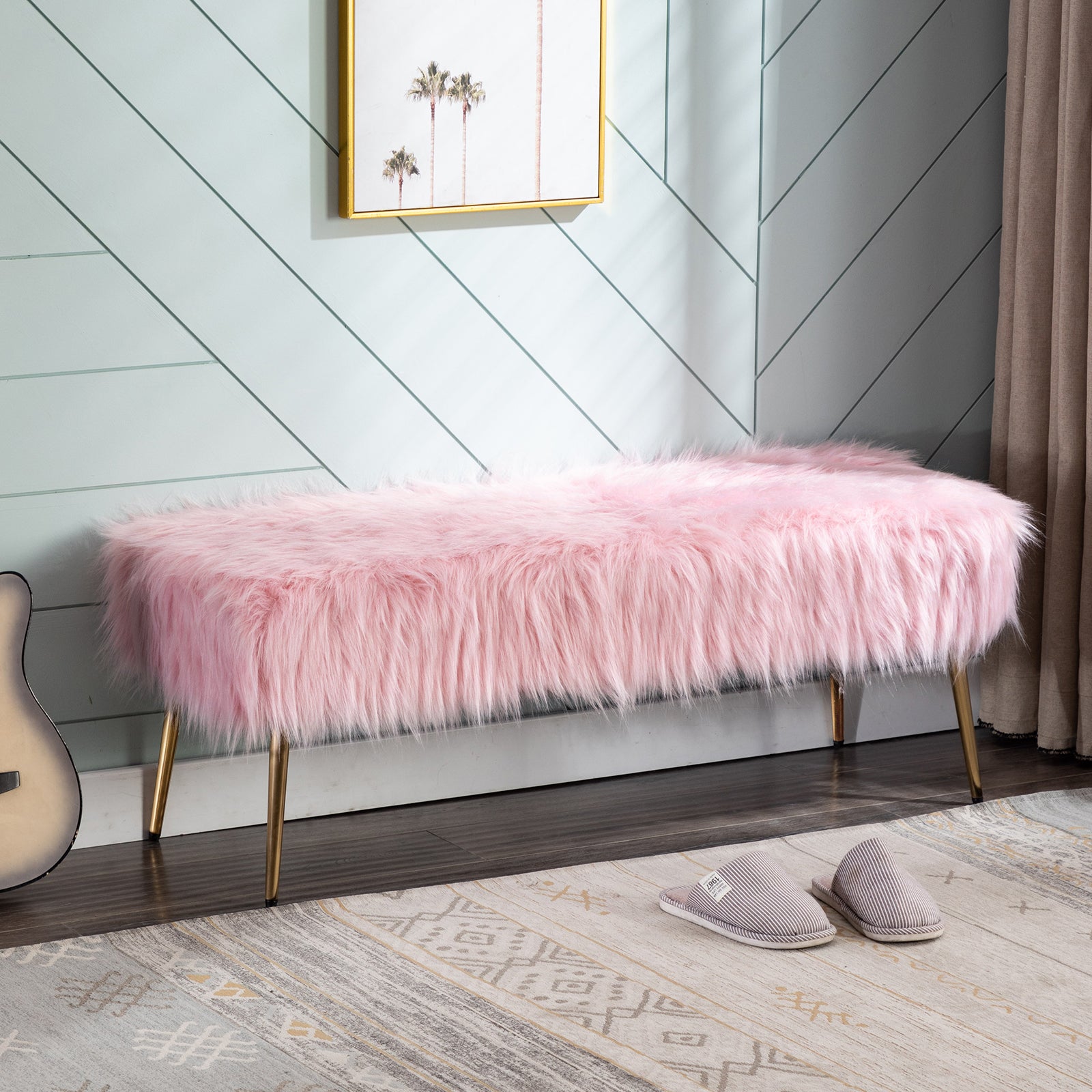 Duhome Elegant Lifestyle Velvet Upholstered Bench, Faux Fur Ottoman Bench End of Bed Bench for Bedroom Entryway, Pink