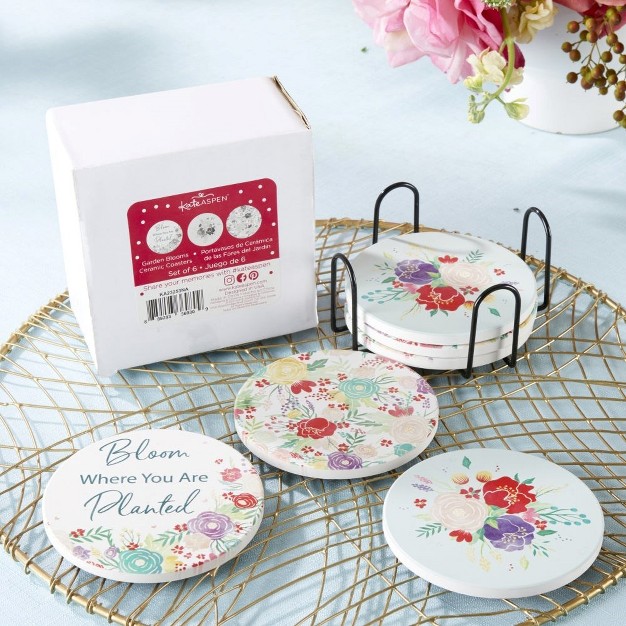 Kate Aspen Garden Blooms Ceramic Coaster With Holder set Of 6 23253na