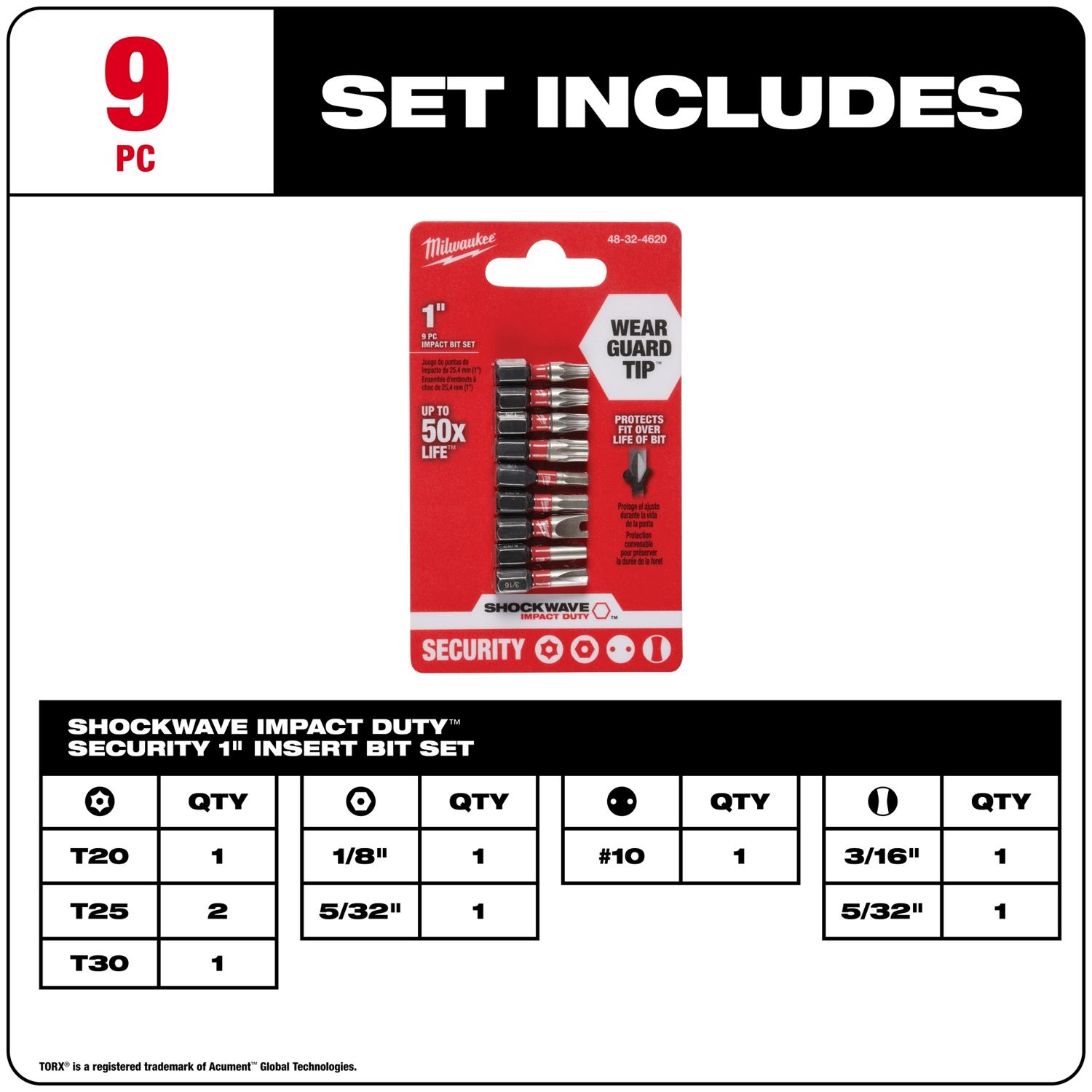 MW Shockwave Assorted 1 in. L Impact Security Insert Bit Set Steel 9 pc