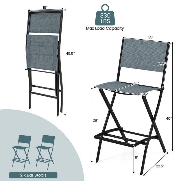 Costway Set Of 2 Outdoor Bar Chair Folding Bar Height Stool With Metal Frame Blue coffee