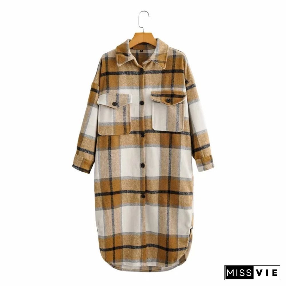 New Autumn Winter Women Casual Loose Blue Plaid Jacket  Warm Overcoat Fashion Long Coats