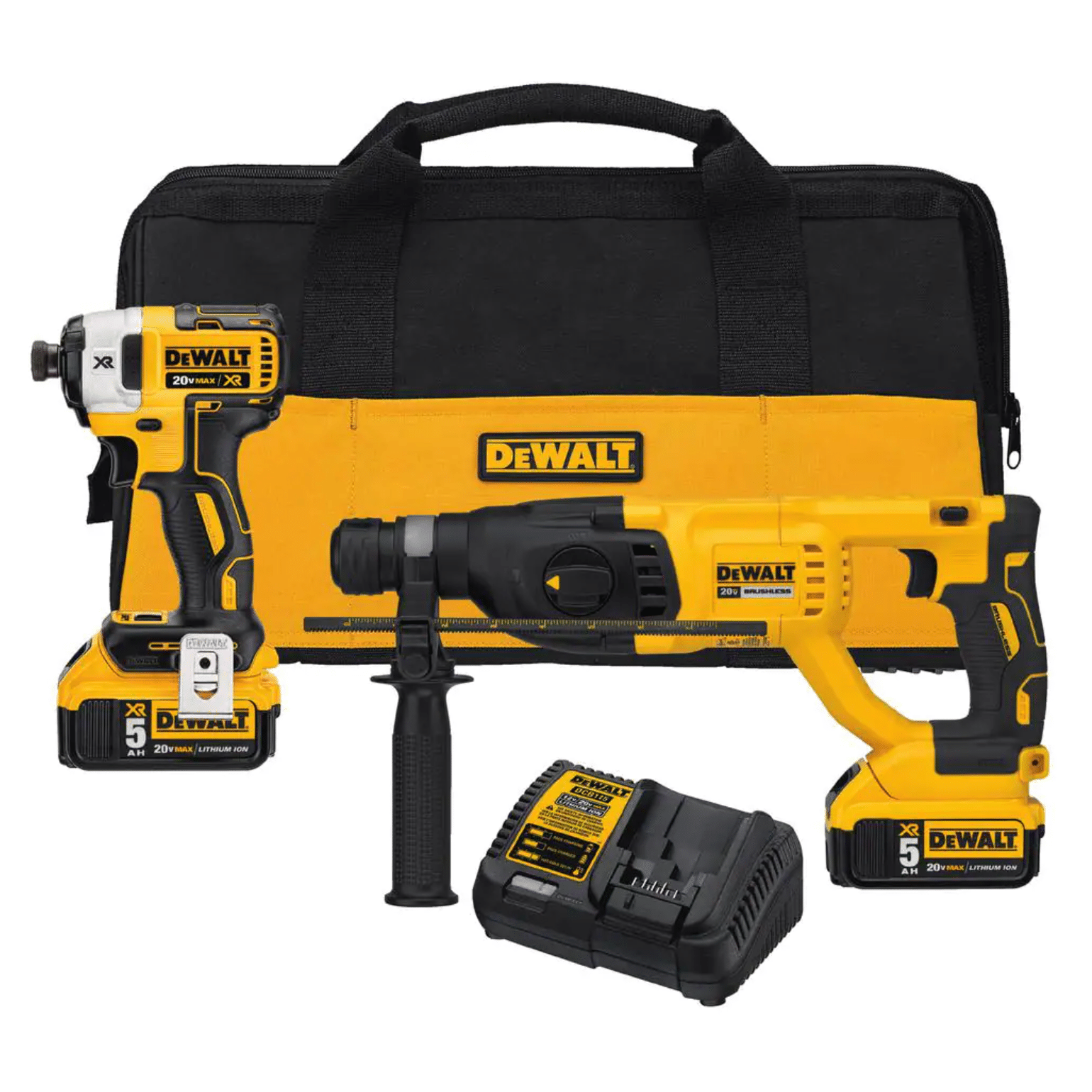 Dewalt 20V Max XR Cordless Impact Driver/Rotary Hammer Combo Kit (2-Tool)， (2) 20-Volt 5.0Ah Batteries and Charger