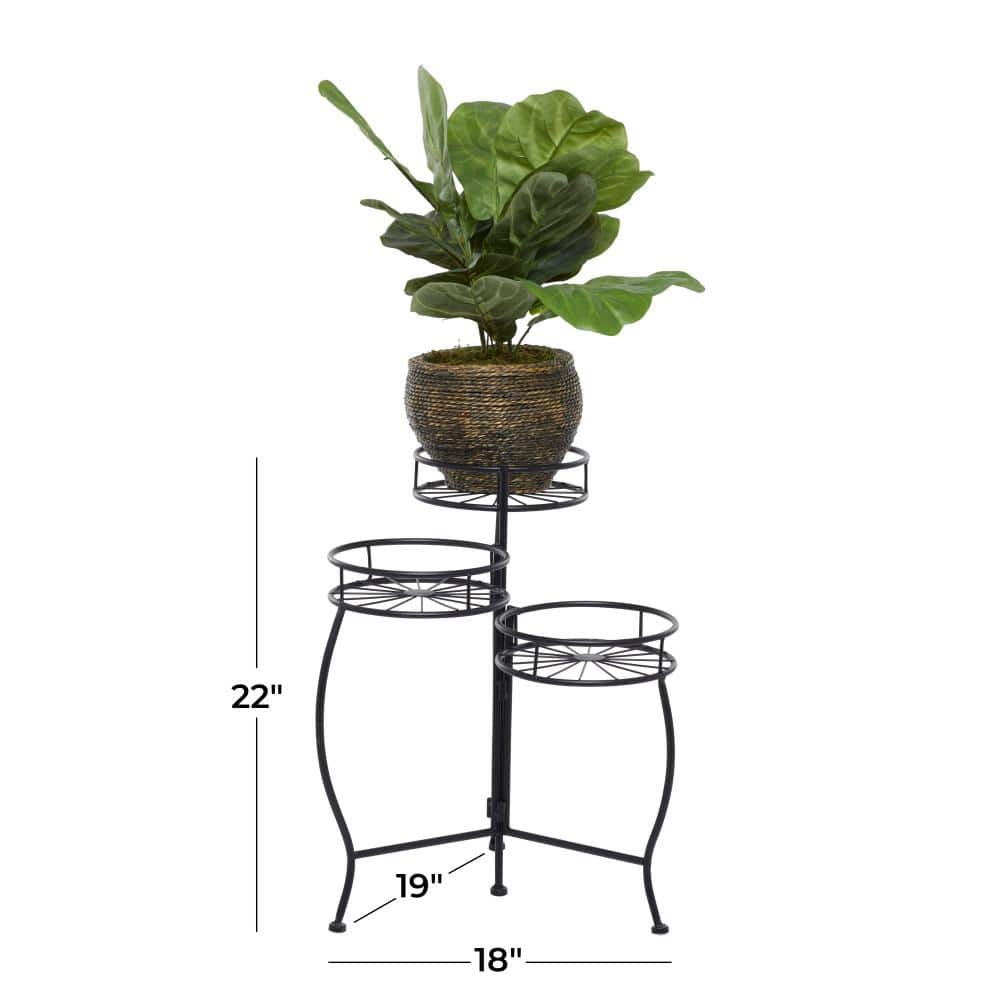 Litton Lane 22 in. Black Round Metal Sunburst Plantstand with 3-Tiers 040548