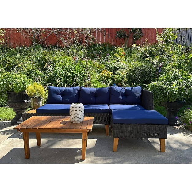 3pc Outdoor Acacia Wood Conversation Set With Sectional Sofa amp Cushions Captiva Designs