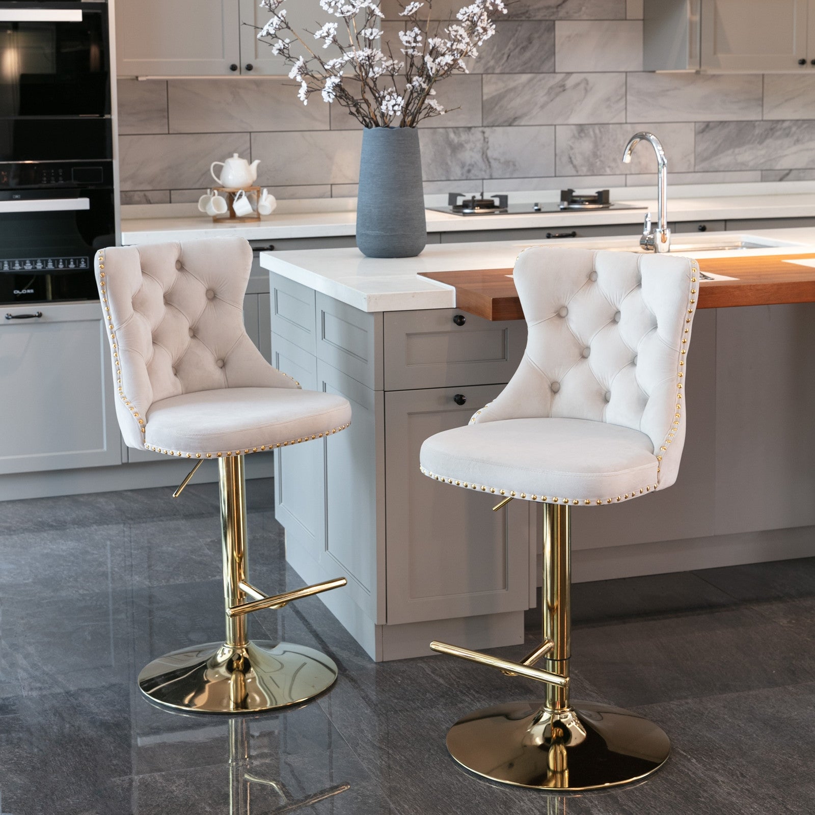 Bar Stools Set of 2 with Tufted Backrest， Adjustable Height Bar Chairs with Footrest