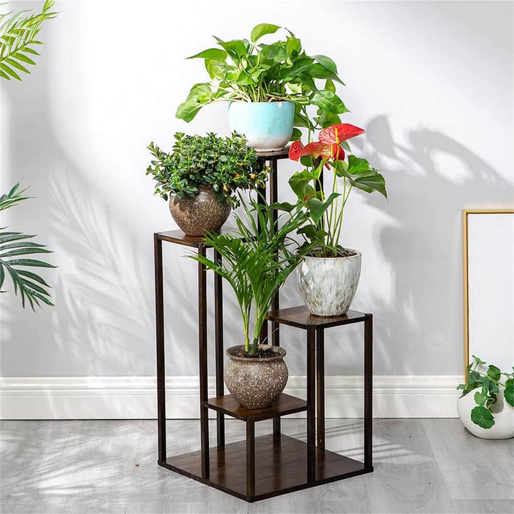 Dyiom 32.1 in. Tall IndoorOutdoor Dark Brown Bamboo Wood Plant Stand (3-Tiered) B091Z2S6XP