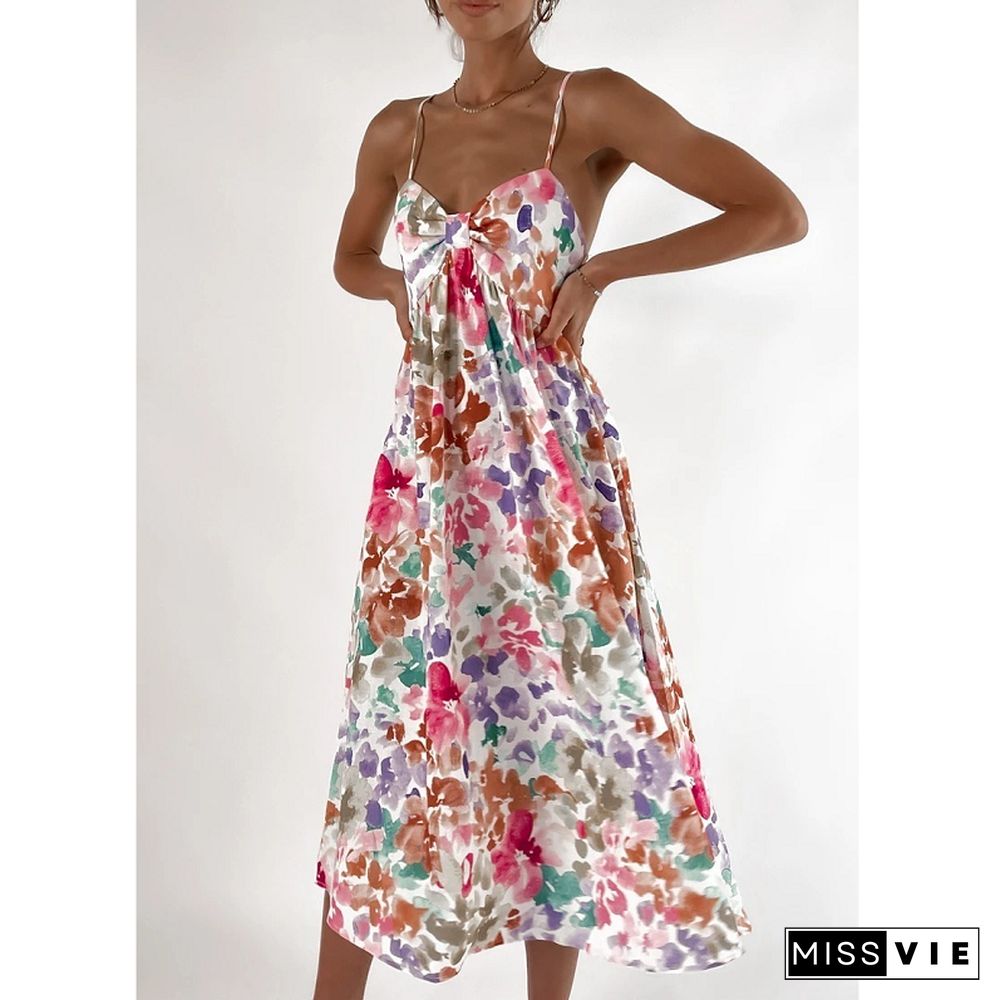 Elegant Fashion Summer Women Dresses New Slim Sexy Spaghetti Strap Fresh Sweet Folds V-neck Floral Print Long Sling Dress