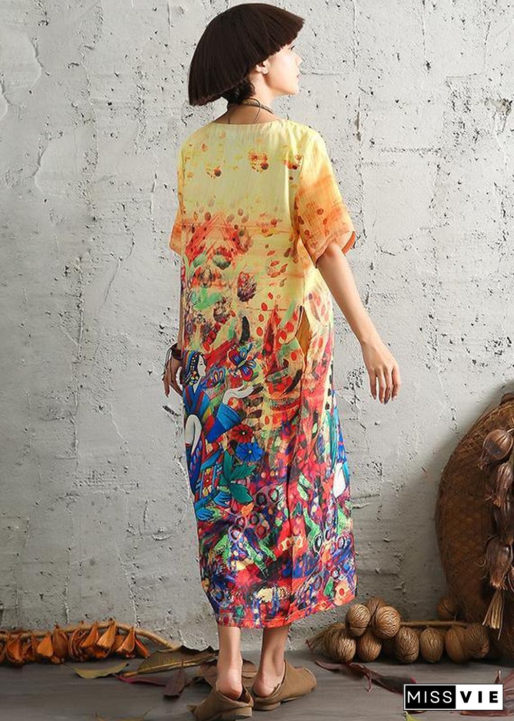 Modern short sleeve linen cotton Robes Fashion Ideas yellow prints Dresses summer