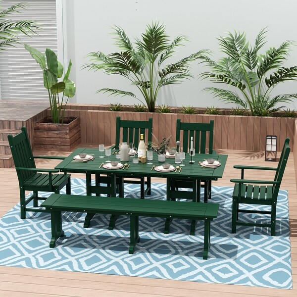 Polytrends Laguna Hdpe All Weather Outdoor Patio Dining Set with Rectangle Table，Arm Chairs and Bench (6Piece Set)