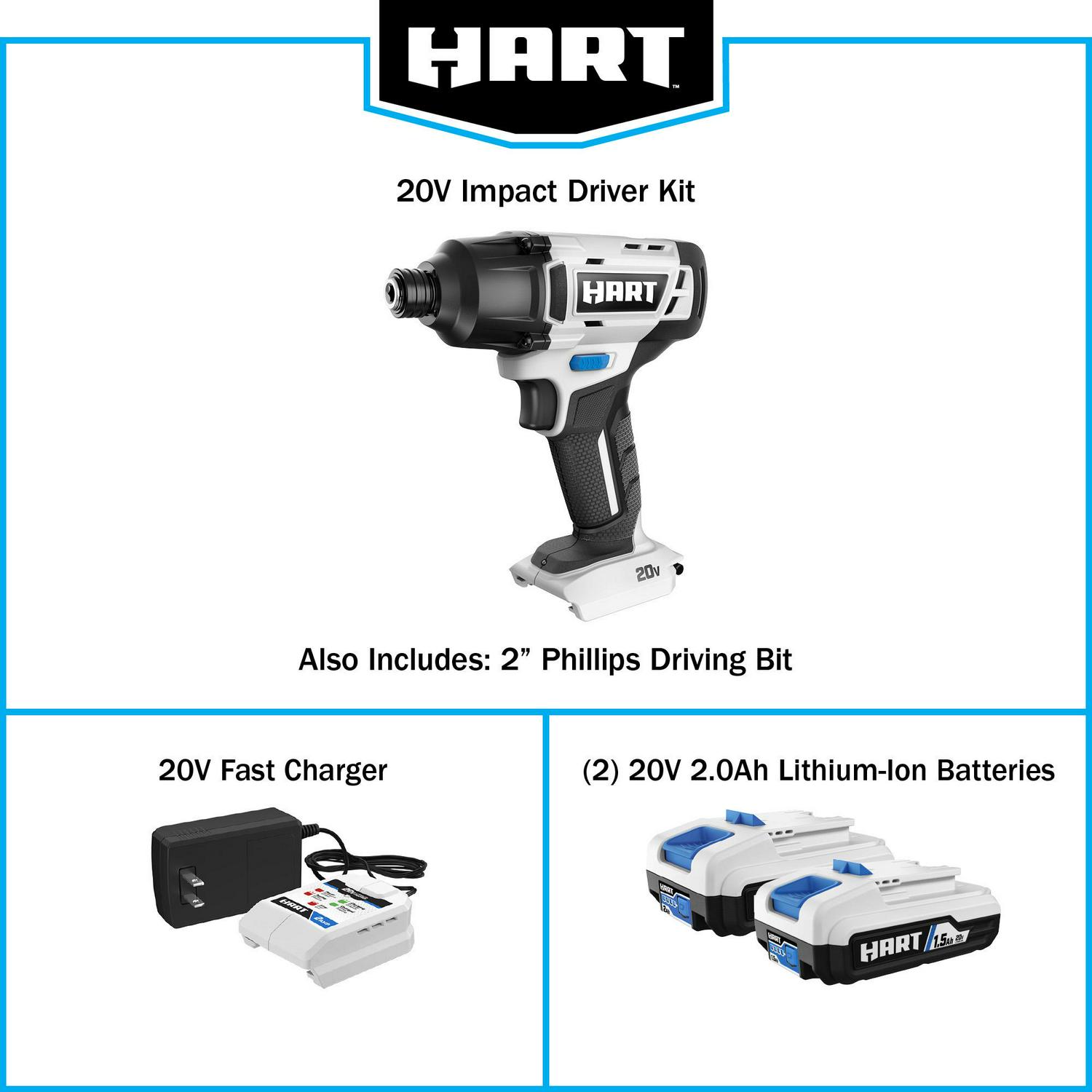 HART 20-Volt Cordless Impact Driver Kit， (2) 1.5Ah Lithium-Ion Batteries， Gen 2