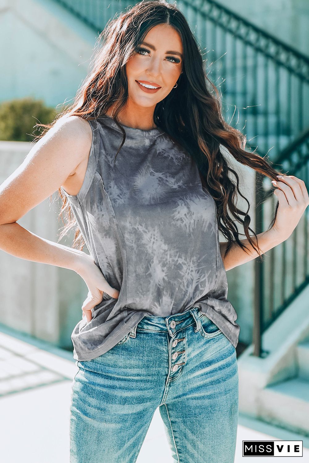 Gray Tie Dye Print Seamed Crew Neck Tank Top