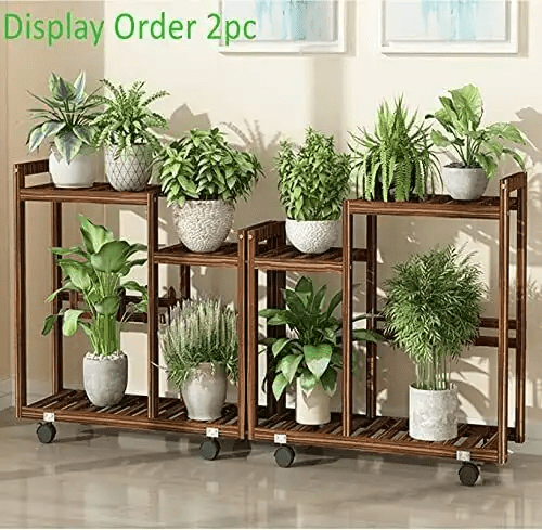 Magshion Pine Wood Plant Stand Garden Cart with Caster Tall Planters Flower Pot Shelf Display Rack