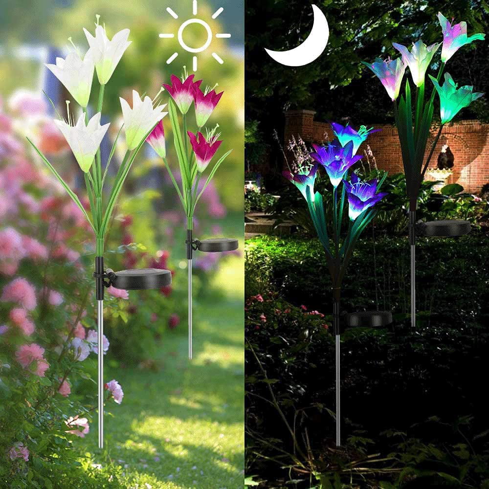 Outdoor Solar Stake Lights， Wattne 2 Pack Solar Garden Lights with 8 Lily Flowers， Waterproof 7 Color Changing LED Solar Stake Lights for Garden， Pathway， Christmas Decoration (Purple and White)